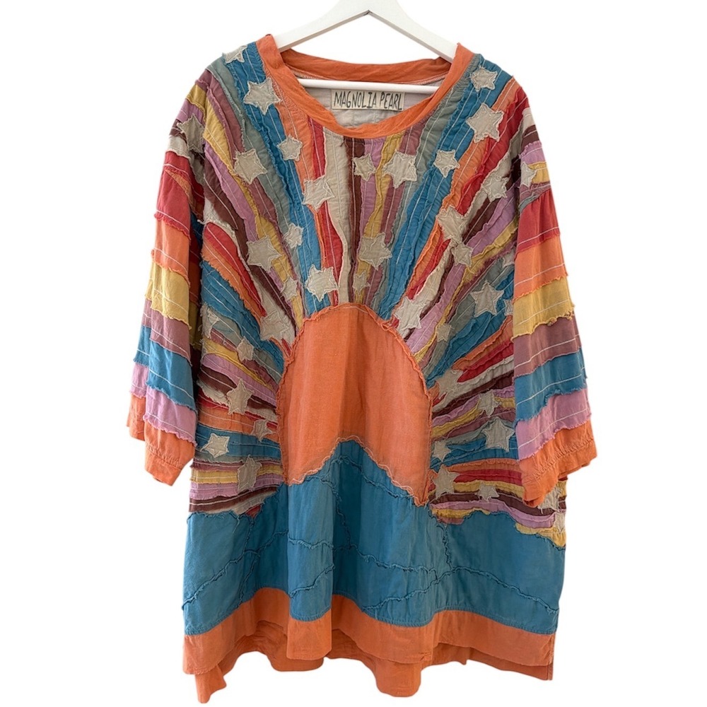 Magnolia Pearl Sunburst Star Patchwork Cotton Oversized Top Multicolor Boho OS - Picture 2 of 11